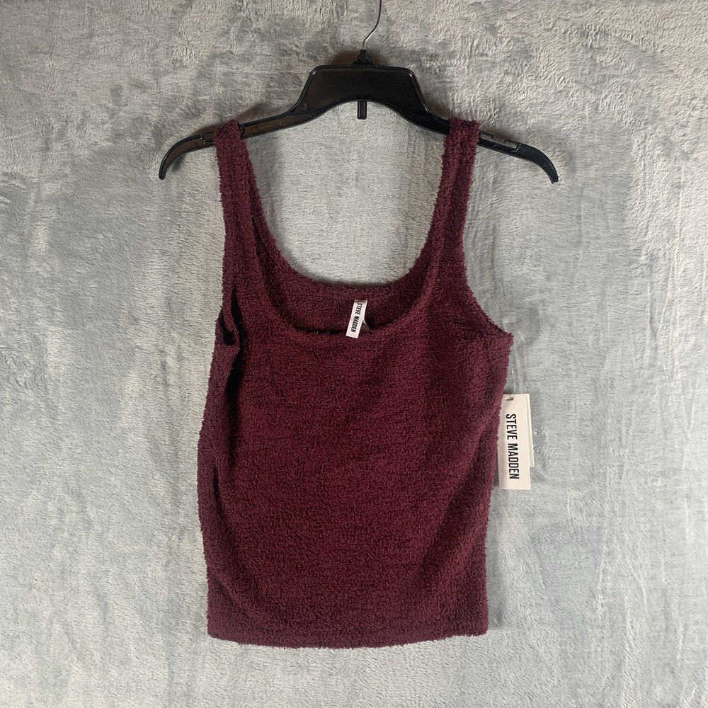 Steve Madden Women's Tank Top S Sleep Chenille Fuzzy Scoop Neck Red Zinfandel